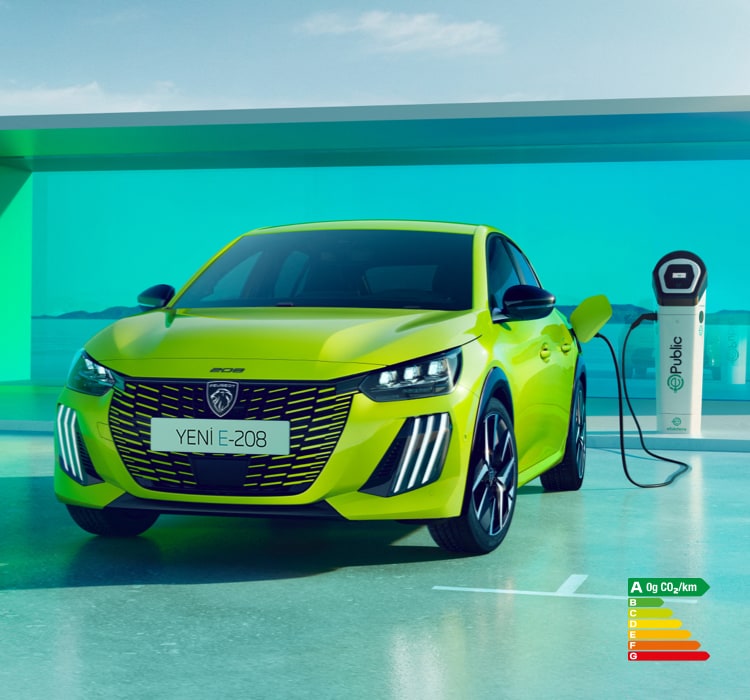 New PEUGEOT E-208 Yellow Agueda charging at a private terminal